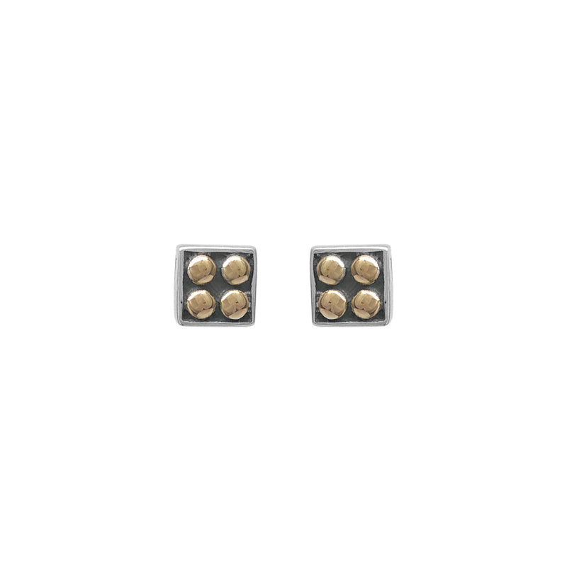 Sterling Silver Square Stud with Four 18k Gold Dots Earrings