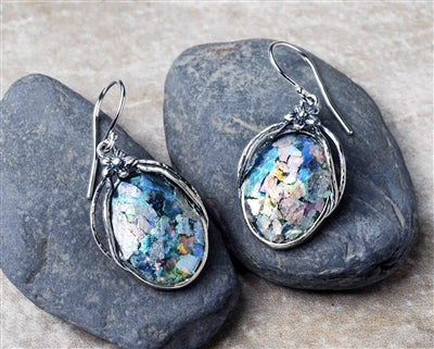Oval Top Flower Roman Glass Earrings