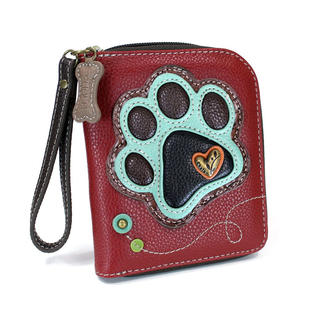 Teal Paw Print Zip-Around Wallet in Burgundy