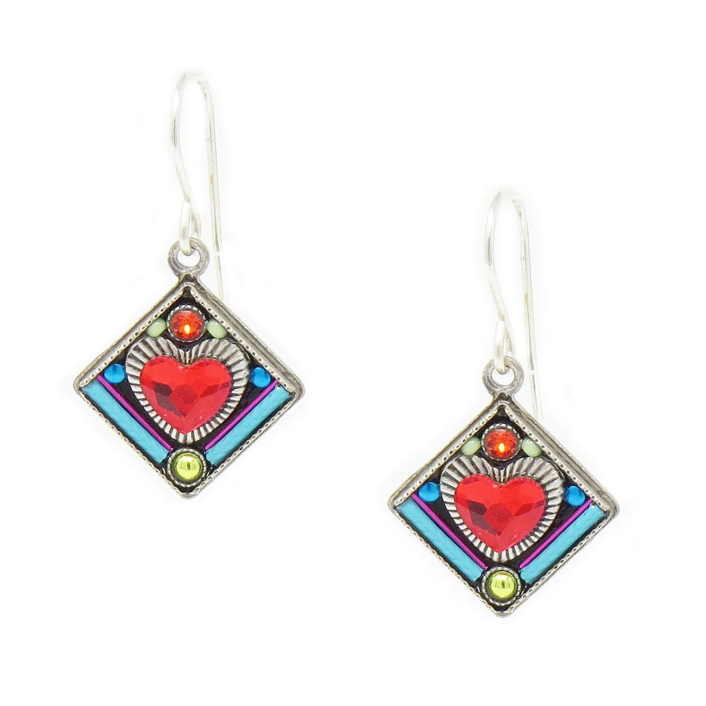 Multi Color Heart in Diamond Shape Earrings by Firefly Jewelry