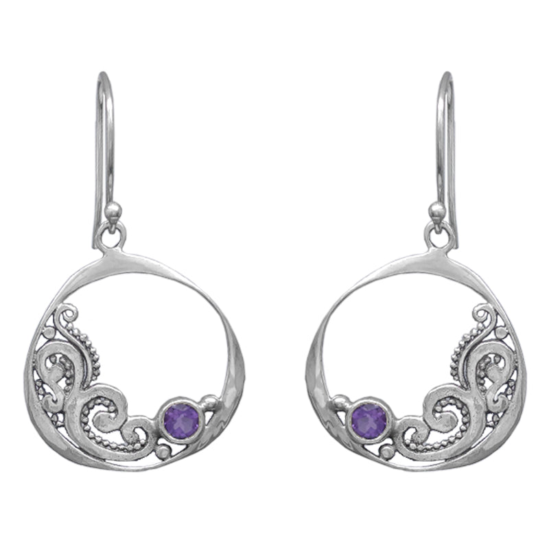 Sterling Silver Fancy Round with Amethyst Earrings