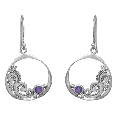 Sterling Silver Fancy Round with Amethyst Earrings