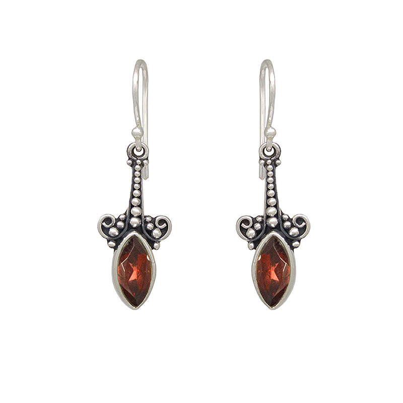 Sterling Silver Trumpet Flower Dangle Marquise Garnet Earrings