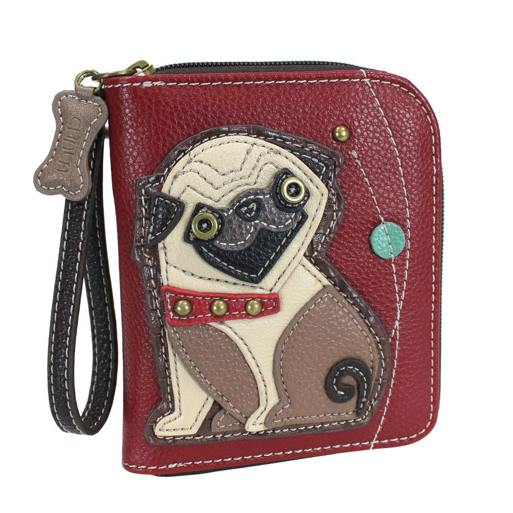 Pug Zip-Around Wallet in Burgundy