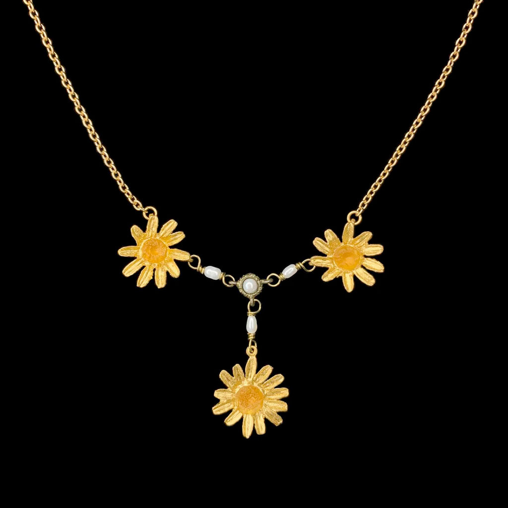 Golden Daisy 16 Inch Adjustable 3-Flower Dangle with Pearl Necklace by Michael Michaud