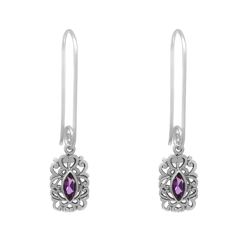 Sterling Silver Long Dangle Marquise Amethyst Earrings