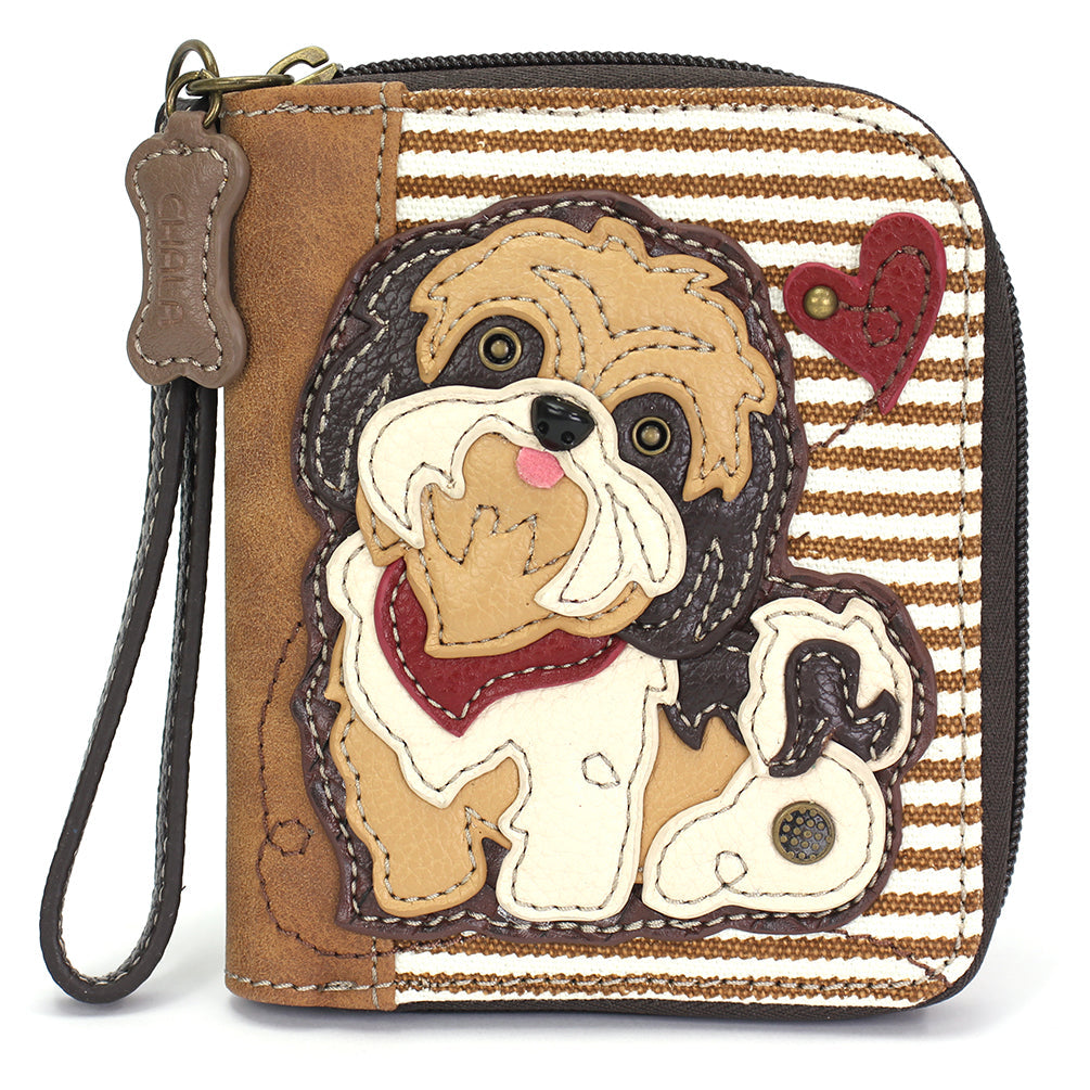 Shih Tzu Zip-Around Wallet in Brown with Brown Stripe by Chala