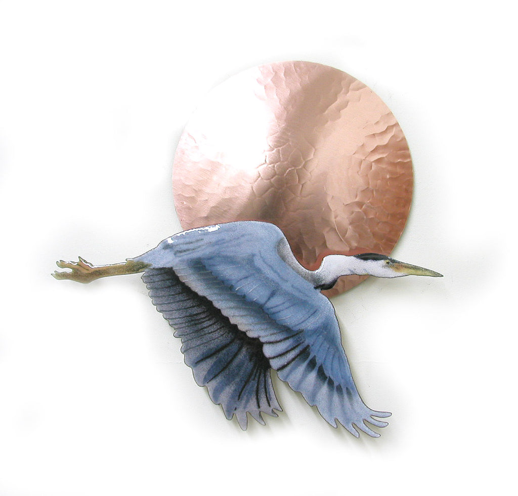 Small Flying Heron with Large Copper Sun Wall Art by Bovano