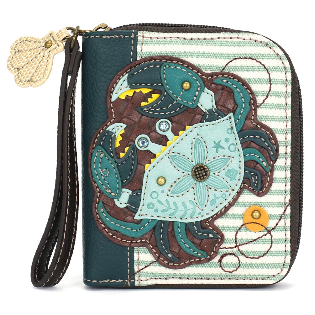 Teal Crab Zip-Around Wallet in Teal Stripe