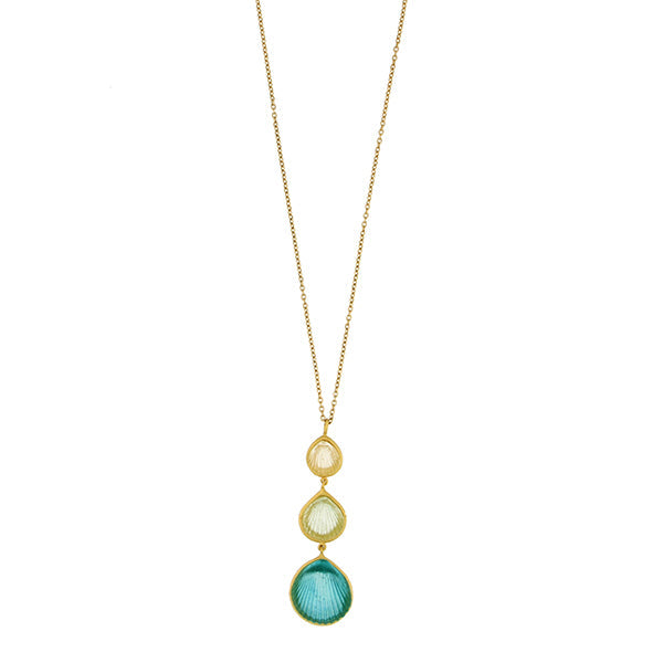 Teal, Pastel Green, and Clear Shell 16 Inch Adjustable 3-Drop Pendant Necklace by Michael Michaud