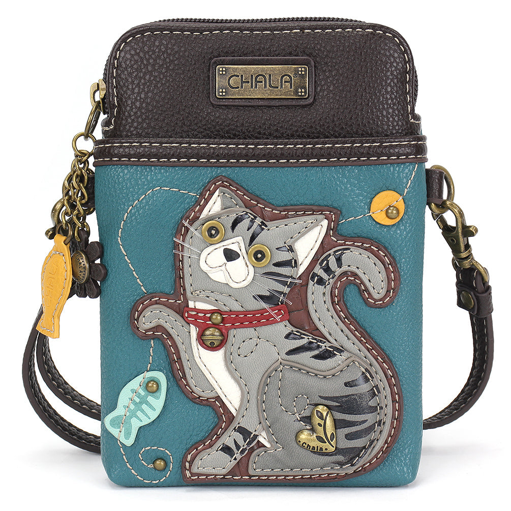 Tabby Cat Cellphone Crossbody in Gray with Turquoise by Chala