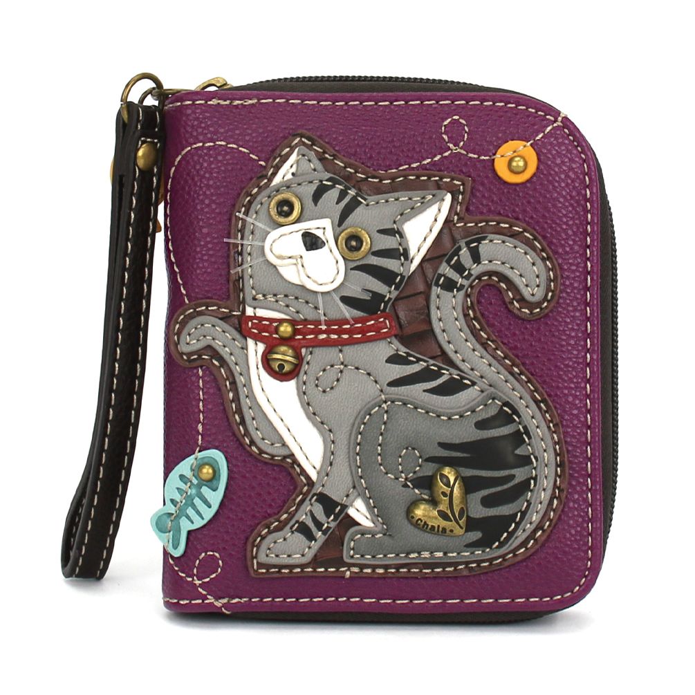 Tabby Cat Zip-Around Wallet in Gray with Purple by Chala