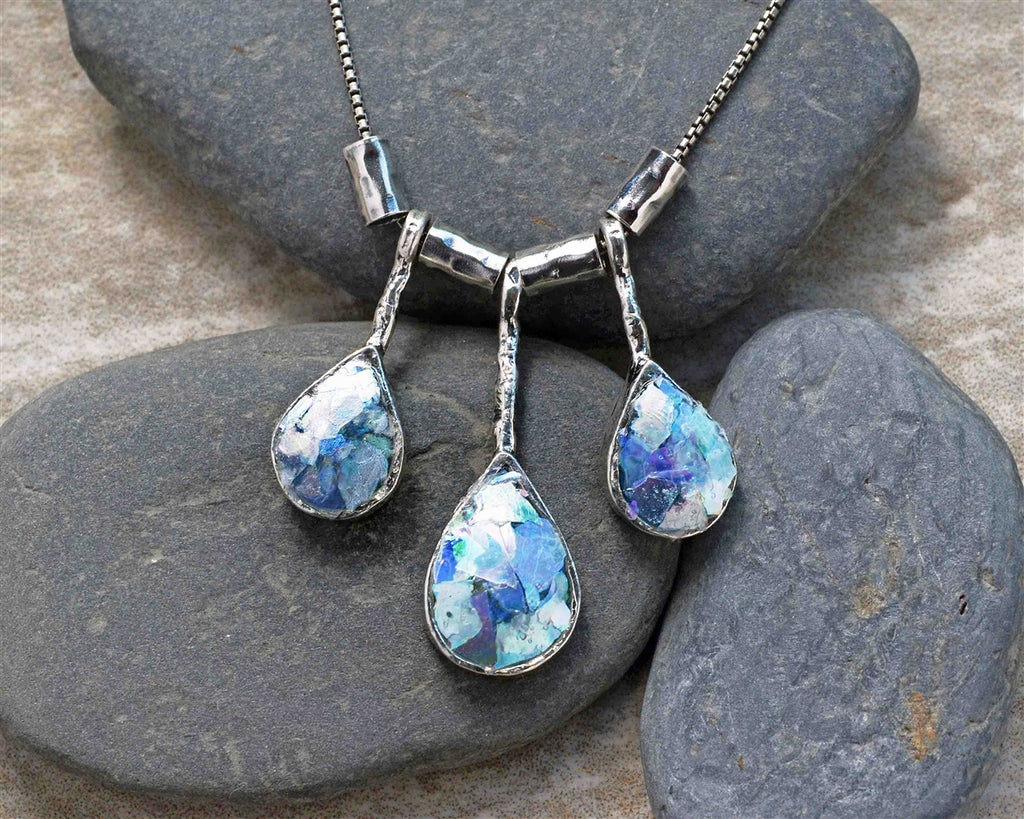Three Tear Drop Roman Glass Necklace