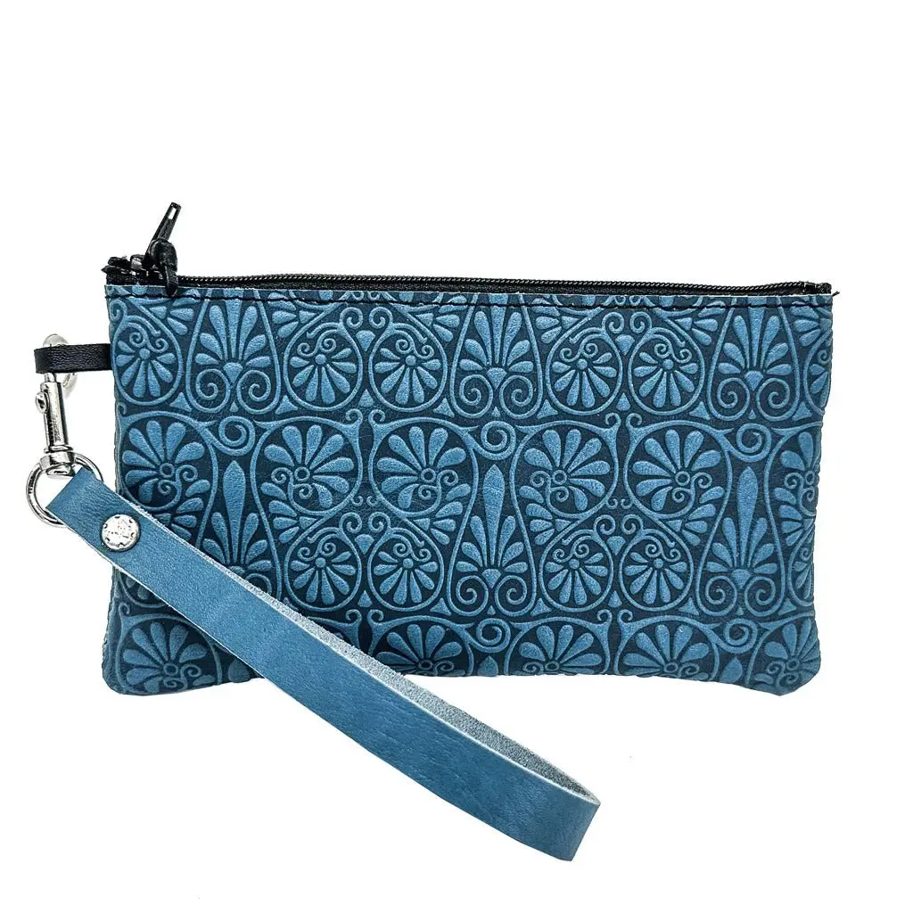 Leather Zipper Wristlet Pouch Wallet - Fan Flower in Sky Blue