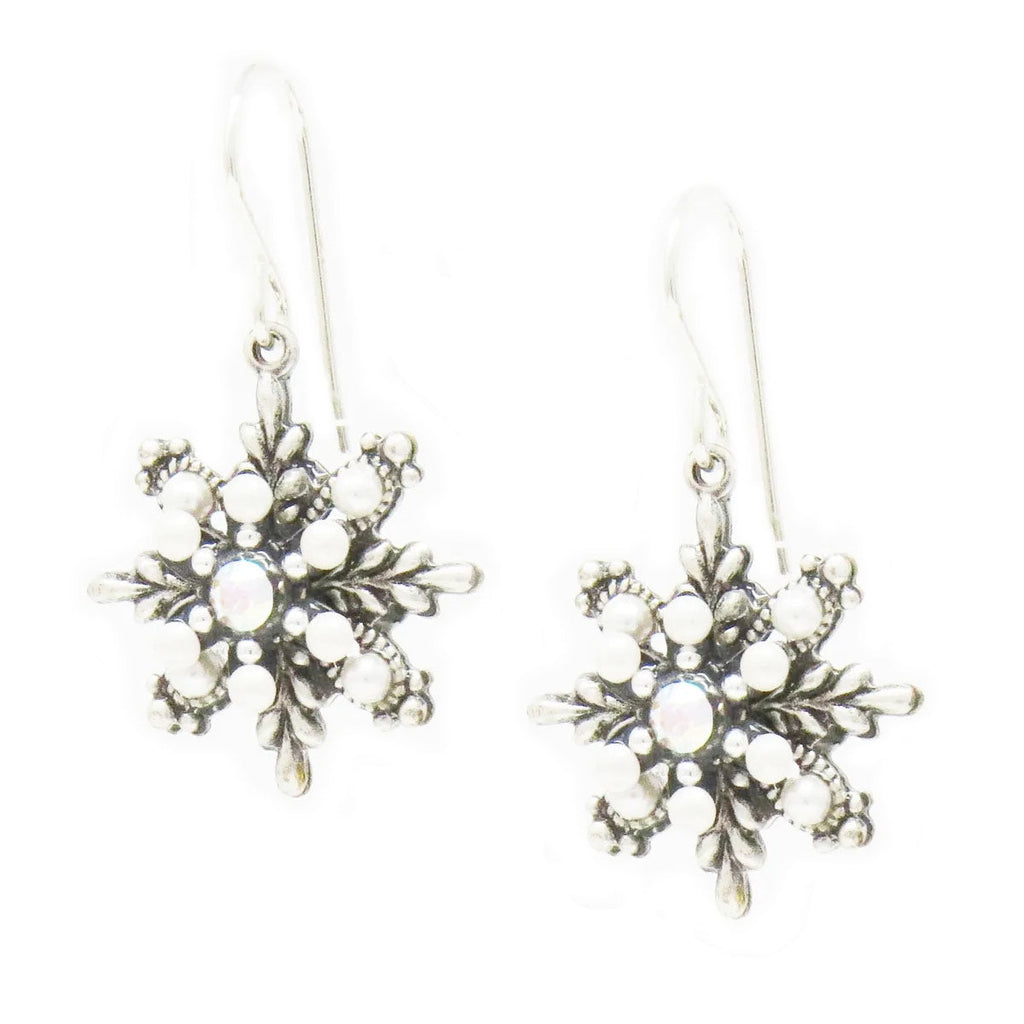 White Pearl Snowflake Earrings by Firefly Jewelry