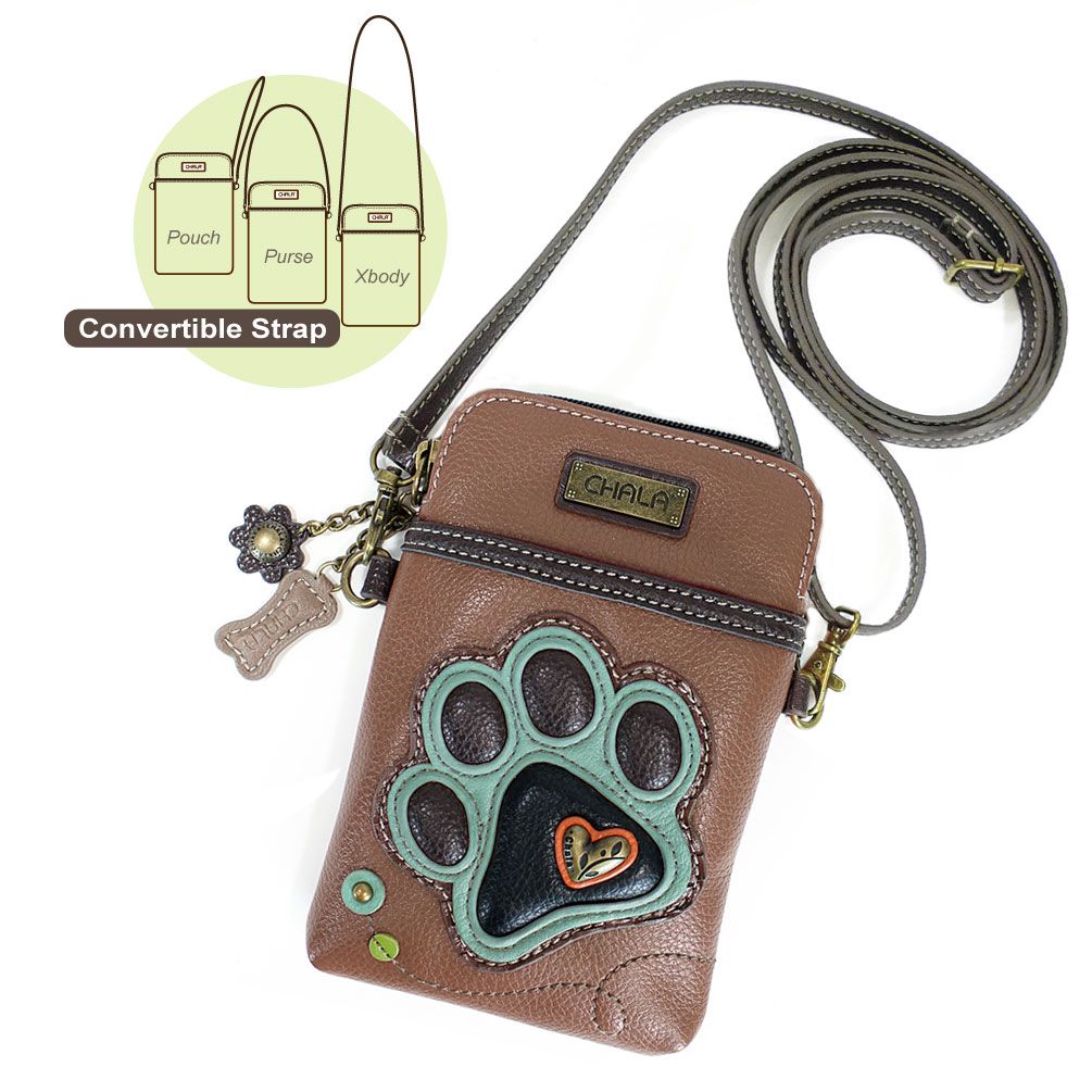 Paw Print Cellphone Crossbody in Teal with Brown by Chala