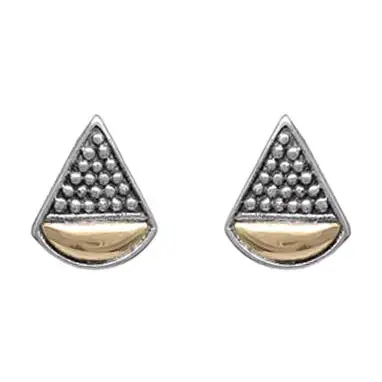 Rounded Triangle Stud with Minute Sterling Silver Granulation and 18k Gold Earrings