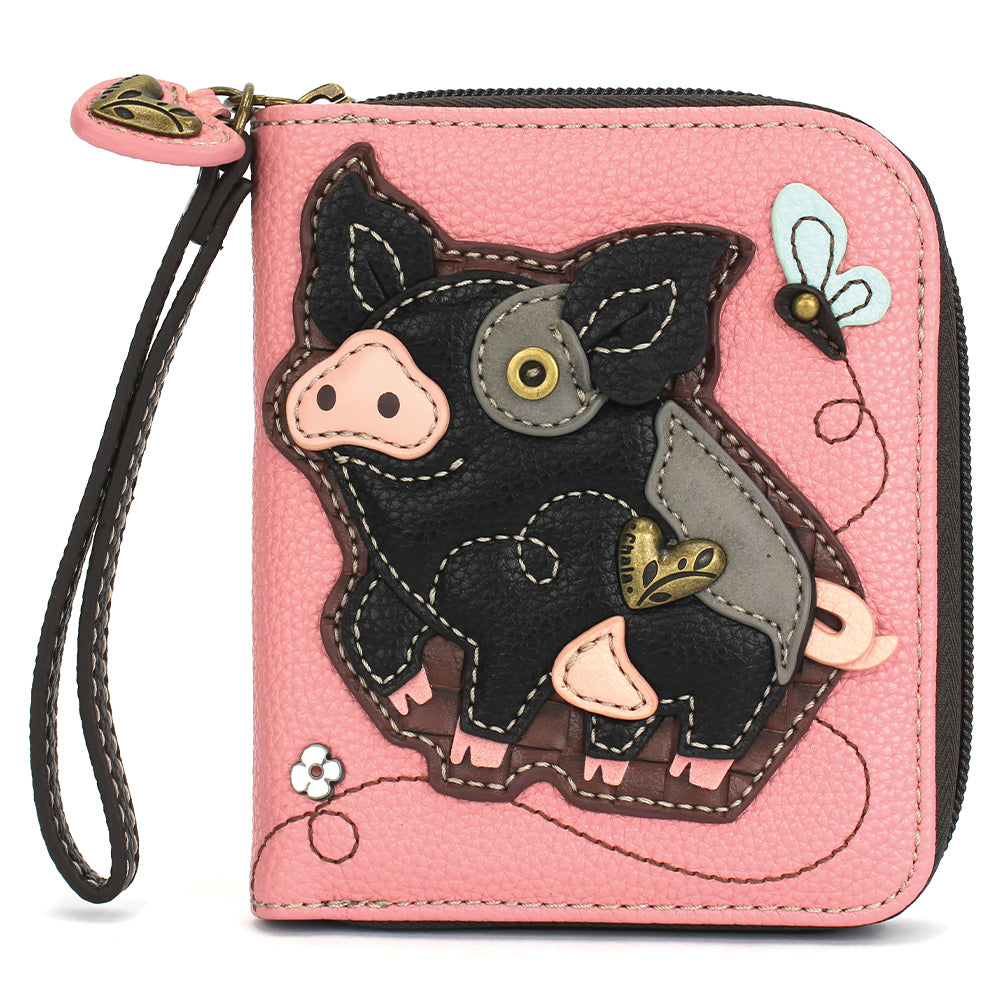 Spotted Pig Zip-Around Wallet in Black with Pink by Chala