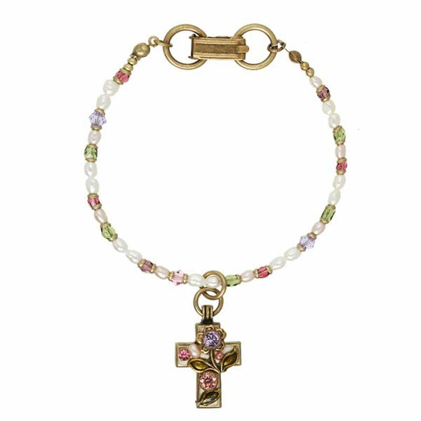 Pearl Blossom Small Cross on Chain Bracelet