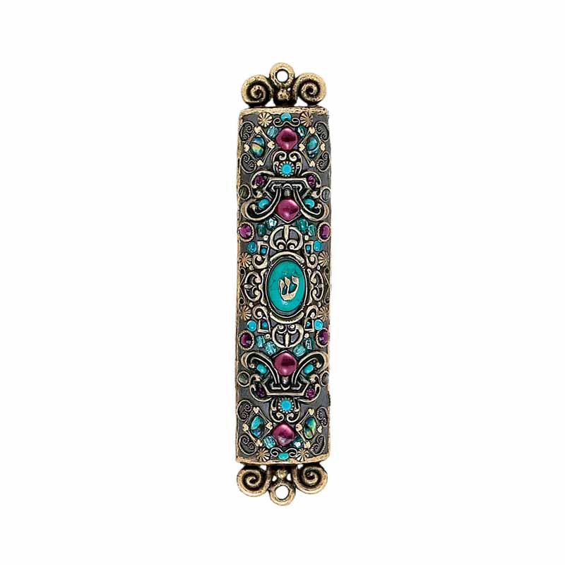 Gold, Purple with Turquoise Oval Stone Mezuzah by Michal Golan