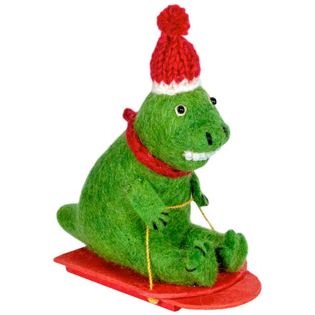 Sledding T-Rex Wool Ornament