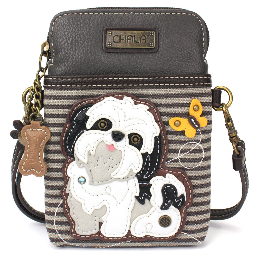 Shih Tzu Cellphone Crossbody in White with Gray Stripe by Chala