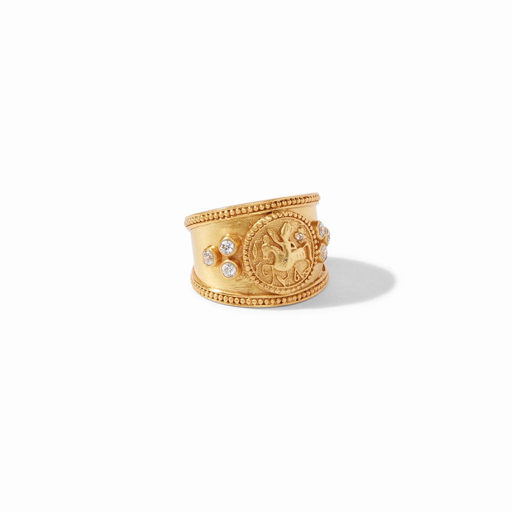 Gold Cubic Zirconia Coin Crest Ring Size 7 (Adjustable) by Julie Vos