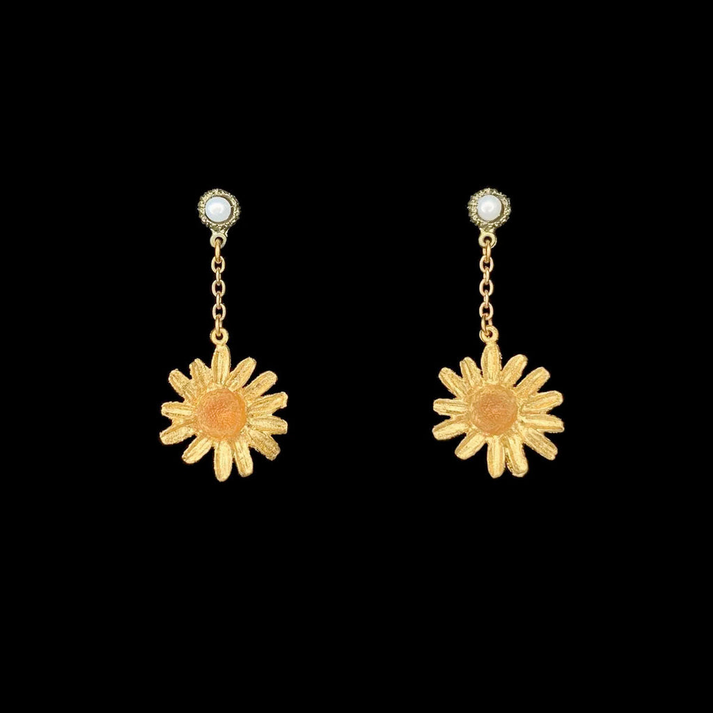 Golden Daisy Dangle Post Earrings with Pearls by Michael Michaud