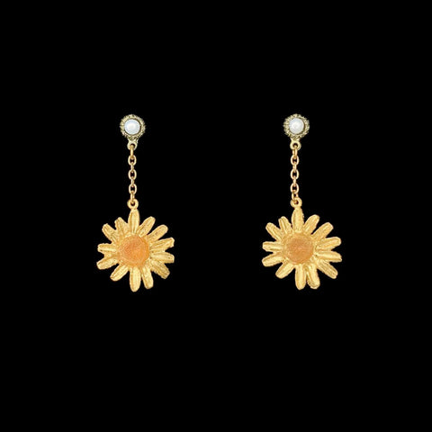 Golden Daisy Dangle Post Earrings with Pearls by Michael Michaud