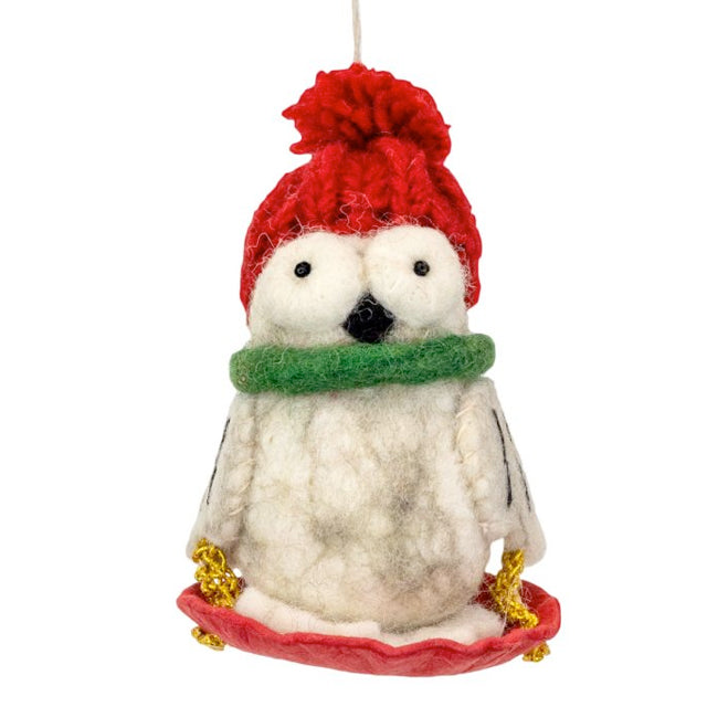 Sledding Owl Wool Ornament