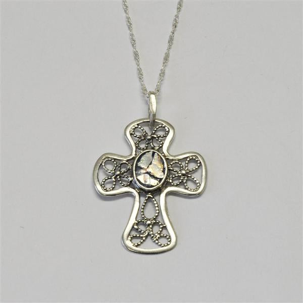 Beaded Butterfly Open Cross Patina Roman Glass Necklace