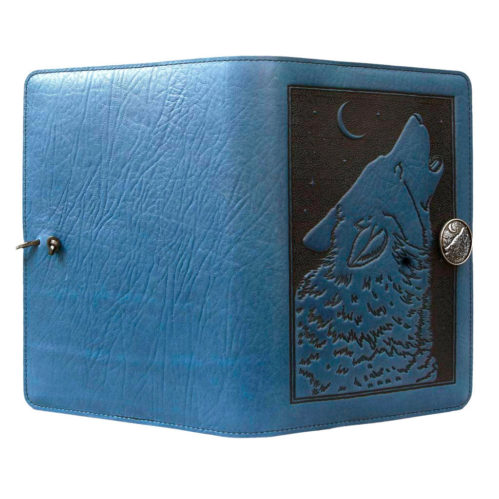 Large Leather Journal - Singing Wolf in Blue