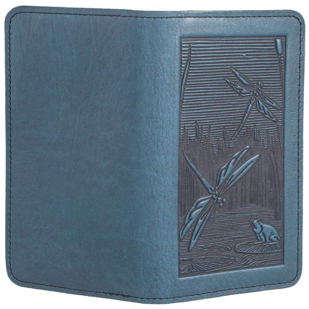 Leather Checkbook Cover - Dragonfly Pond in Sky Blue