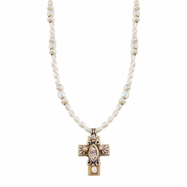 Small Gold Cross w. Crystal Pearl Necklace