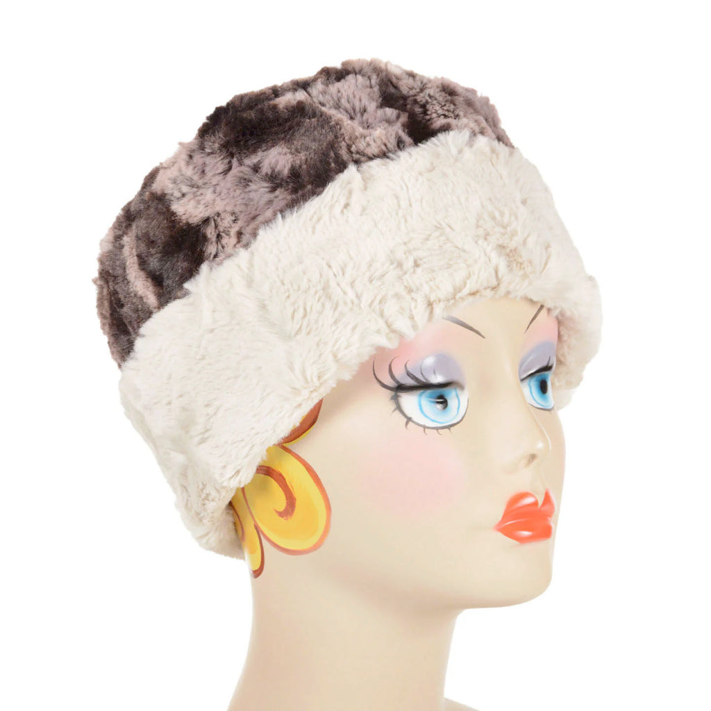 Mocha with Cuddly Sand Luxury Faux Fur Cuffed Pillbox Large