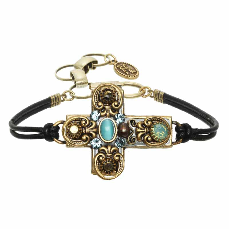 Gold and Blue Crystal Cross Leather Bracelet by Michal Golan