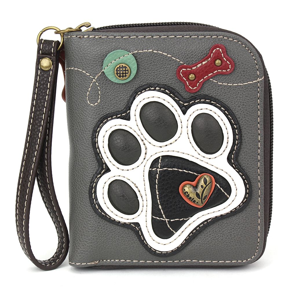 Paw Print Zip-Around Wallet in Black and White with Gray by Chala