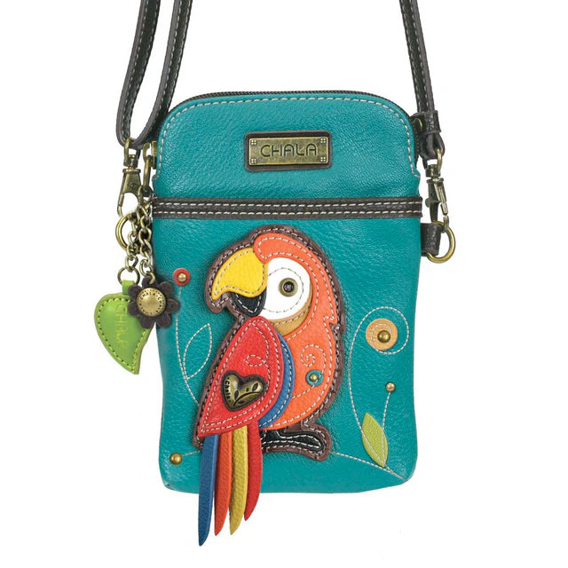 Red Parrot Cellphone Crossbody in Turquoise