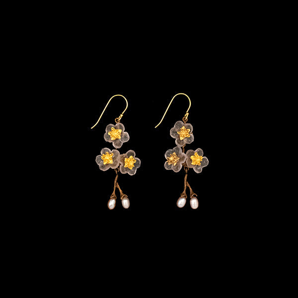 Cherry Blossom Wire Drop Pearl Earrings by Michael Michaud