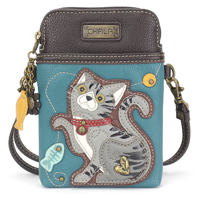 Tabby Cat Cellphone Crossbody in Gray and Turquoise