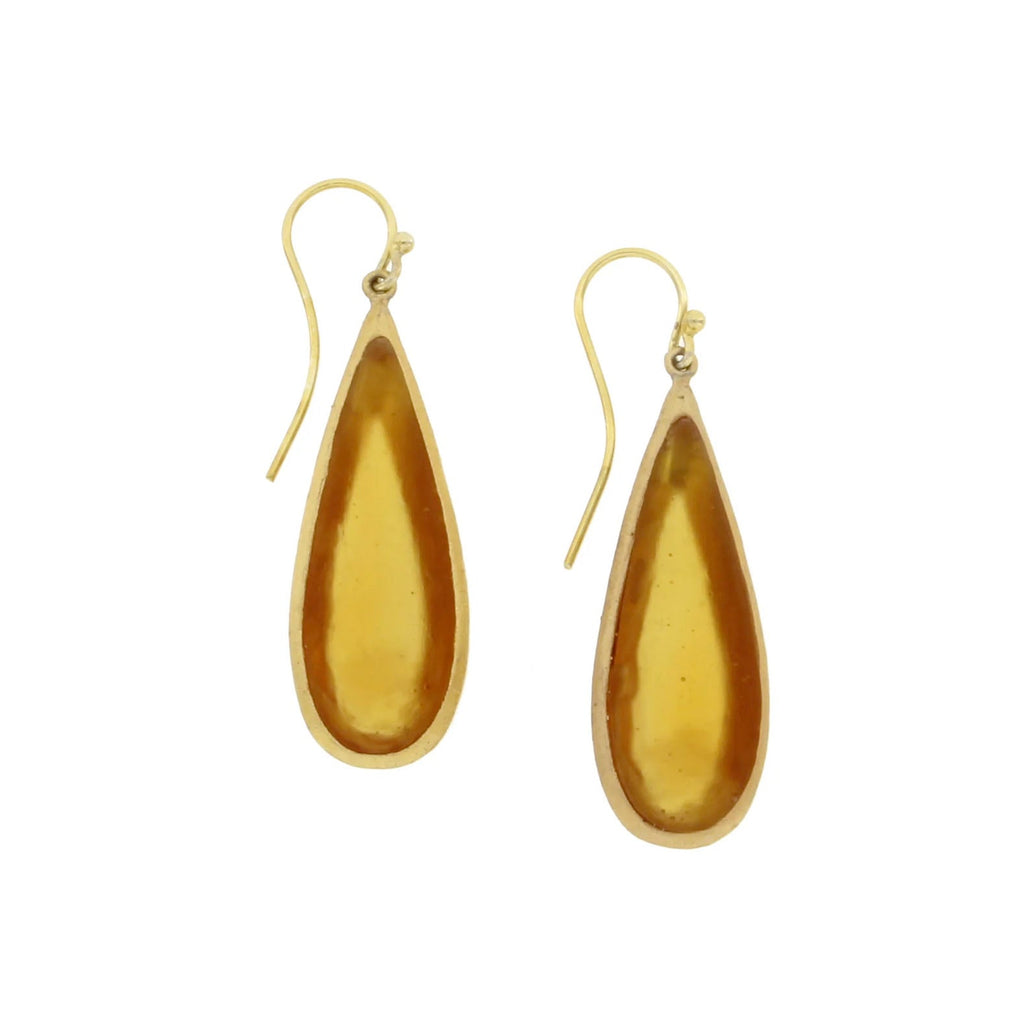 Amber Tear Drop Bubbles Long Wire Earrings by Michael Michaud