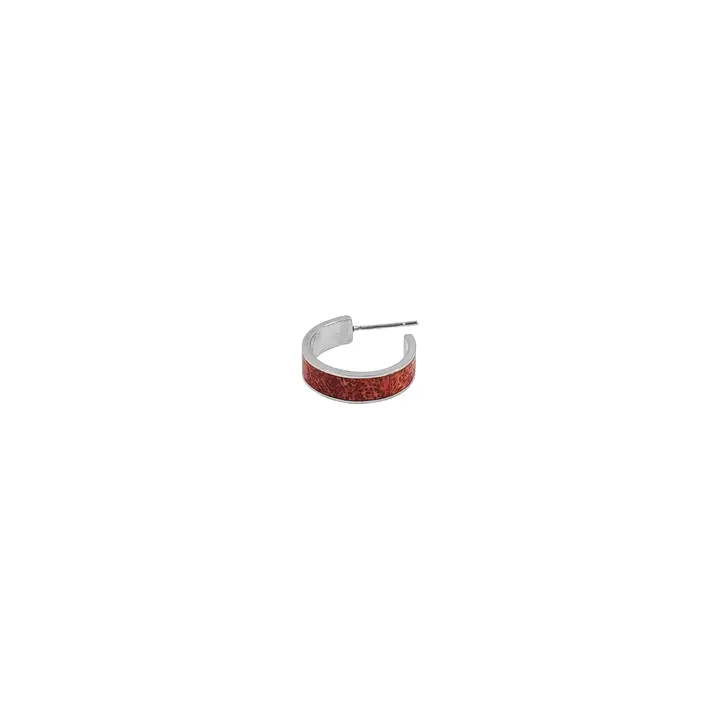 Sterling Silver Hoop Earrings with Coral Inlay