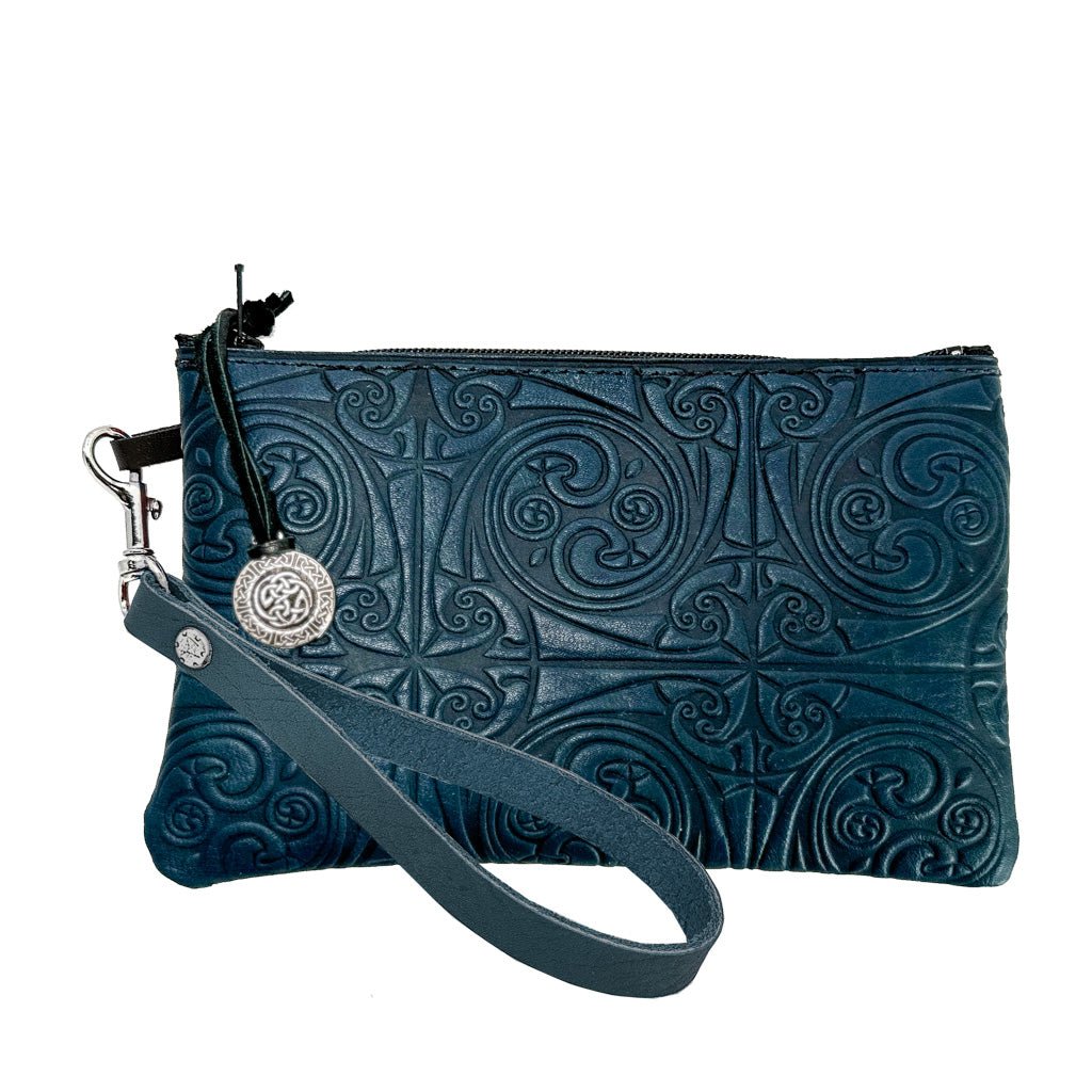 Leather Zipper Wristlet Pouch Wallet - Triskelion in Navy