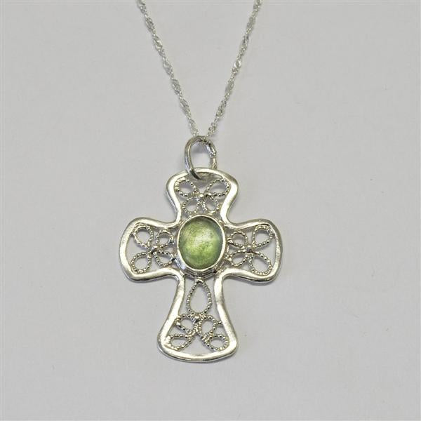Beaded Butterfly Open Cross Washed Roman Glass Necklace