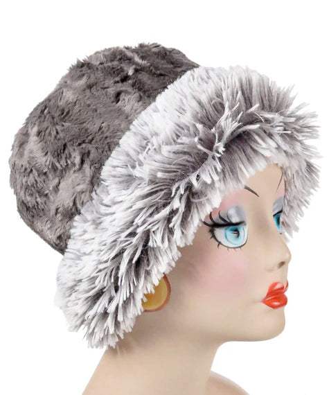 Pearl Fox with Cuddly Gray Luxury Faux Fur Cuffed Pillbox Hat Large