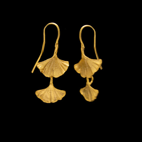 Ginkgo 24 K Gold over Silver Double Drop Wire Earrings by Michael Michaud