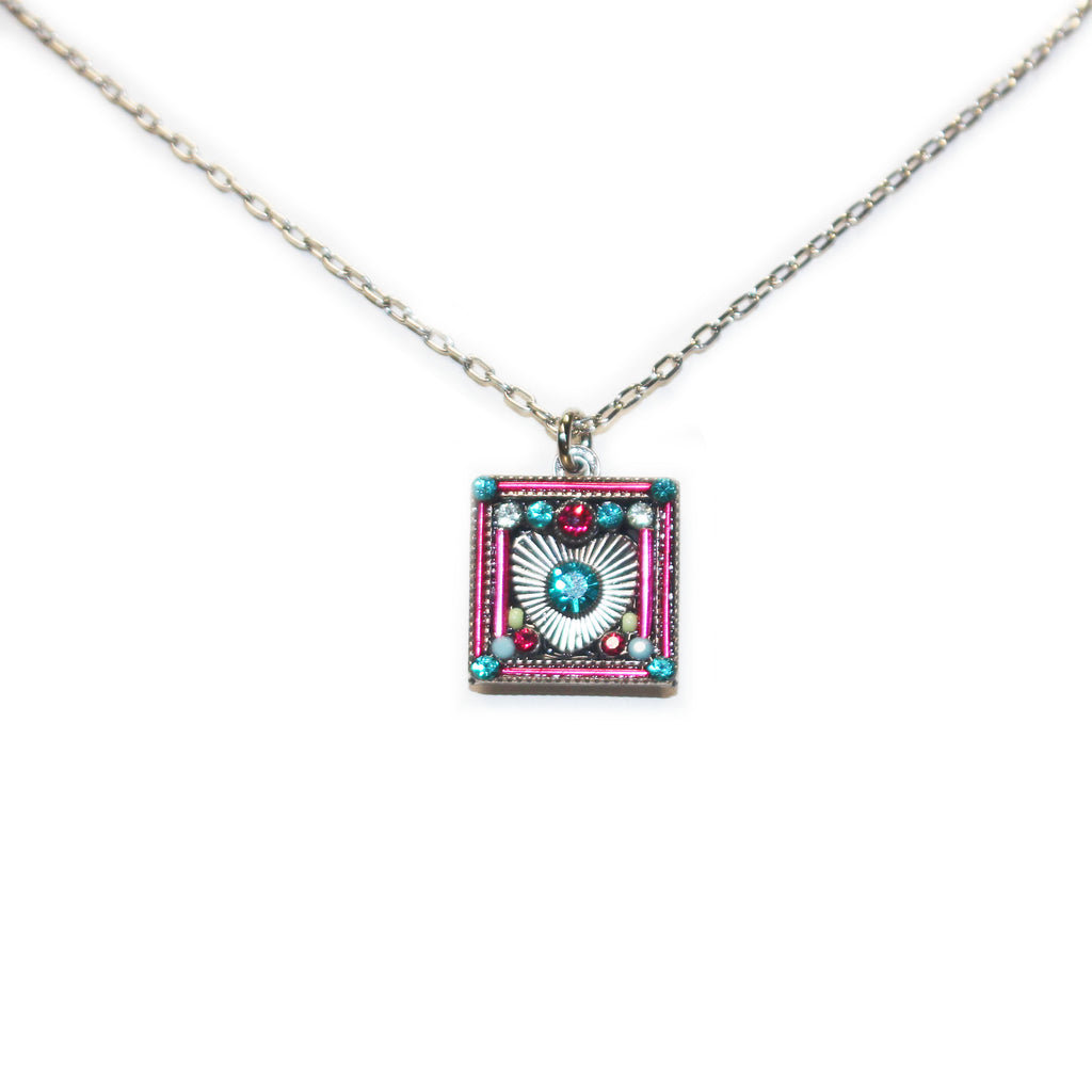 Blue Zircon Heart Encased Square Necklace by Firefly Jewelry