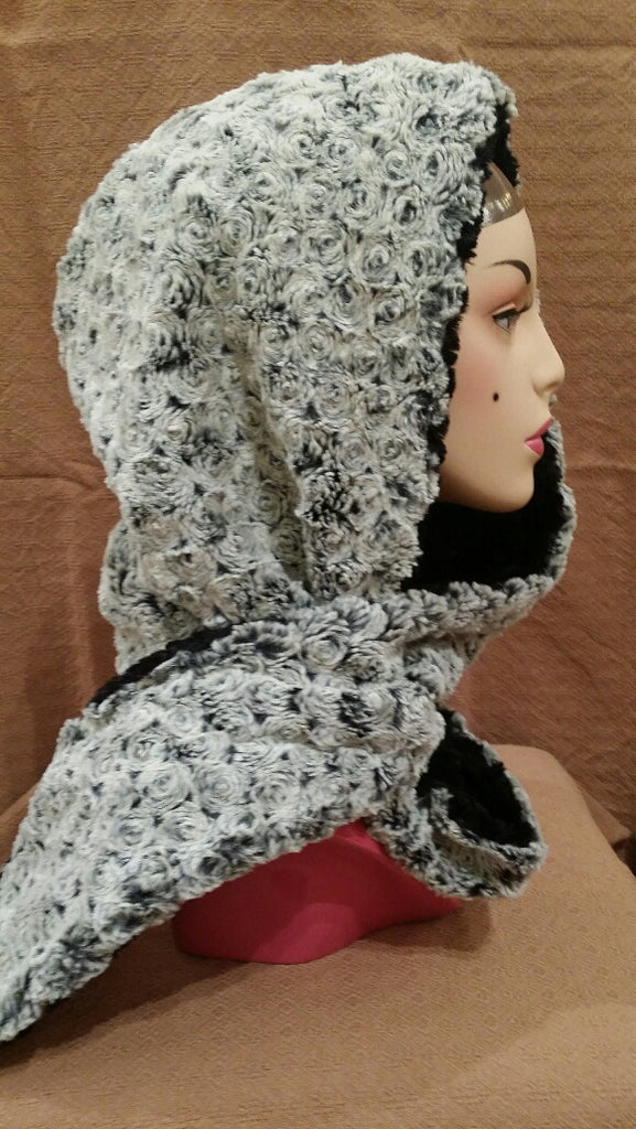 Black with Rosebud in Black Luxury Faux Fur Hoody Scarf