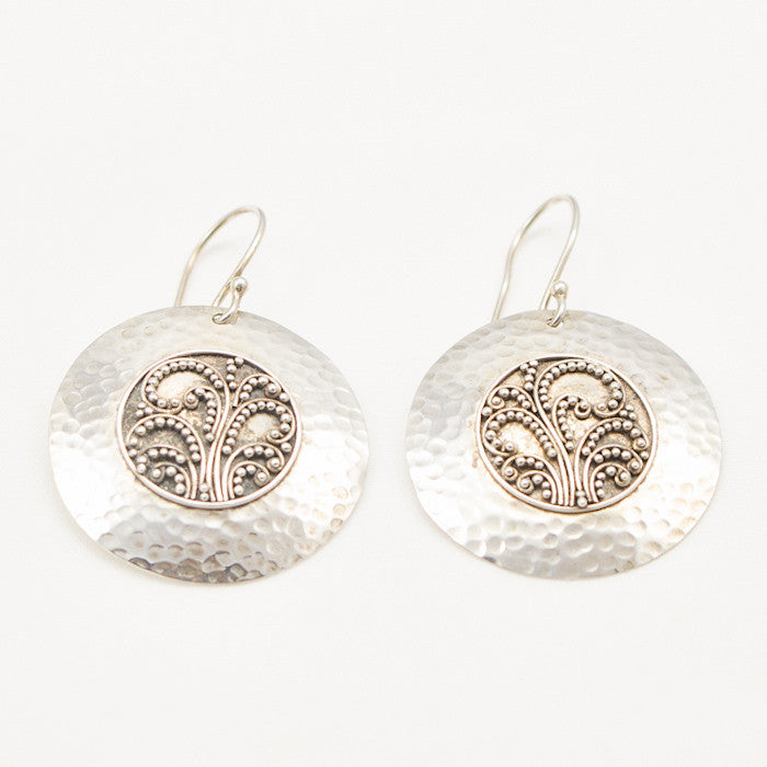 Sterling Silver Swirly Center with Hammered Silver Earrings