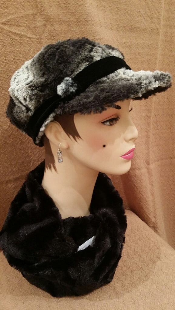 Black Chinchilla Luxury Faux Fur Valerie Hat with Band with Button: Size Large